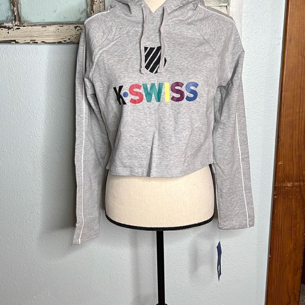 K Swiss Multicolor Logo Long Sleeve Crop Top Hoodie Women's Gray Jacket Size Sma